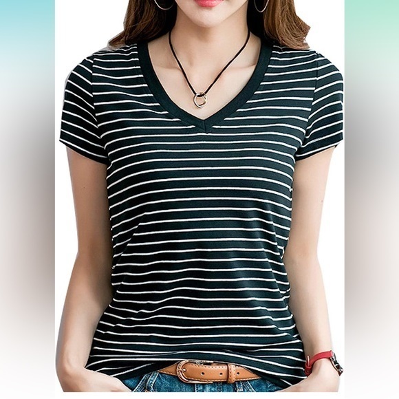 Abbot Main Black White Stripe‎ Vneck Short Sleeve Tshirt Blouse Size XL - Picture 1 of 6